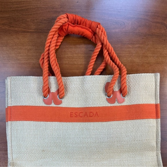 Escada Ivory Tote with Orange Trim and Handles - Picture 2 of 15